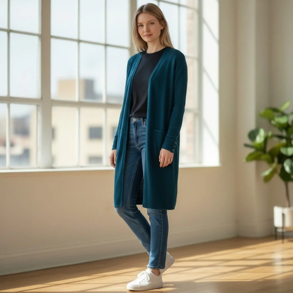 Talbots Womens‎ Small Teal Blue Cotton Modal Longline Open Front Duster Cardigan